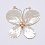 White Shell Brooches, with Shell Pearl and Platinum Plated Brass Findings, Insect/Butterfly
