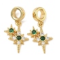 Европейские подвески-шармы с двумя звездами из латуни с микропаве из зеленого и прозрачного кубического циркония, Подвески с большими отверстиями
