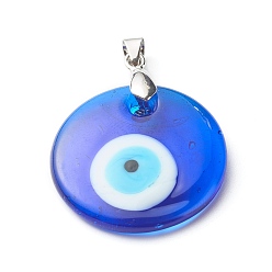 Handmade Lampwork Evil Eye Pendants, with Grade AA Brass Ice Pick Pinch Bails Finding, Flat Round