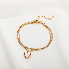 Minimalist Double-layer Heart Bracelet with Rhinestone, Cool-toned Box Chain for Layering, Vintage Street-style Accessory