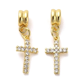 Rack Plating Brass Micro Pave Cubic Zirconia Charms, Long-Lasting Plated, Lead Free & Cadmium Free, Cross