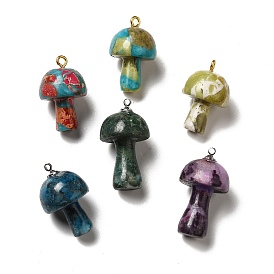 Natural Quartz Pendants, Mushroom Charms, Dyed & Heated, with Alloy Loops and Natural Opal