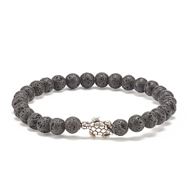 Natural Lava Rock Stretch Bracelet with Alloy Turtle Beaded, Essential Oil Gemstone Jewelry for Women