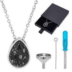 Colgante de urna para cenizas con forma de lágrima y piedras preciosas naturales 304 Collares con cadena de cable de acero inoxidable, color acero inoxidable, con cajones de papel cuadrados