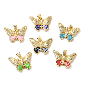 Butterfly Brass Micro Pave Cubic Zirconia Pendants, with Enamel & Shell, Long-Lasting Plated, Lead Free & Cadmium Free, Real 18K Gold Plated