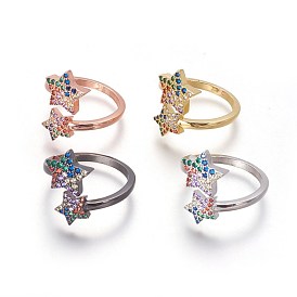 Cubic Zirconia Cuff Rings, Open Rings, with Brass Findings, Star