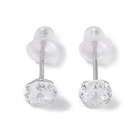 Rhodium Plated Diamond Shape 999 Sterling Silver Cubic Zirconia Stud Earrings for Women, with 999 Stamp