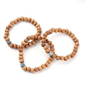 Buddha Head Wood Beaded Stretch Kids Bracelets, with Electroplated Non-Magnetic Hematite Beads, 45mm