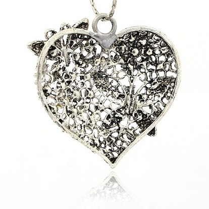 День Святого Валентина уникальный подарок идеи сплав горный хрусталь сердце кулоны, с бабочкой, античное серебро, 48x49x3 мм, отверстие : 5 мм