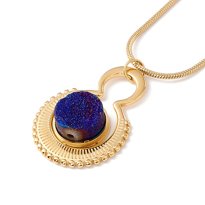 Natural Quartz Flat Round Pendant Necklace with 304 Stainless Steel Snake Chain, Druzy Gemstone Jewelry for Women, Golden