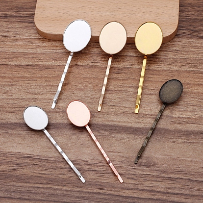 Iron Hair Bobby Pin Findings, with Oval Brass Cabochon Settings