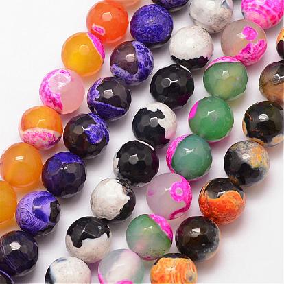 Natural Fire Crackle Agate Bead Strands, Round, Faceted, Dyed & Heated, Grade A