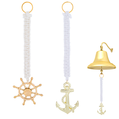 2 шт. 2 стили брелки из плетеной хлопковой веревки с подвеской в виде якоря и штурвала из сплава и латуни, с железными кольцами
