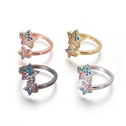 Cubic Zirconia Cuff Rings, Open Rings, with Brass Findings, Star
