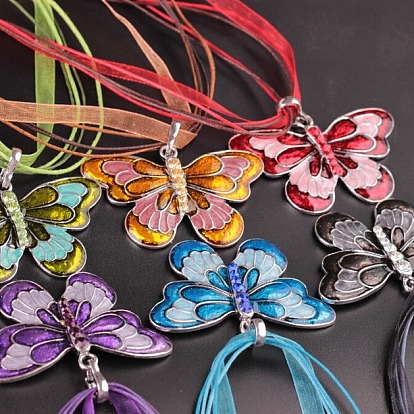 Ожерелья из вощеного шнура с подвеской в виде бабочки из сплава эмали и страз для женщин, платина