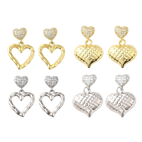 Серьги-гвоздики в форме сердца из латуни с микропаве из прозрачных кубических цирконий, без кадмия и без свинца, долговечный, стойки покрытие