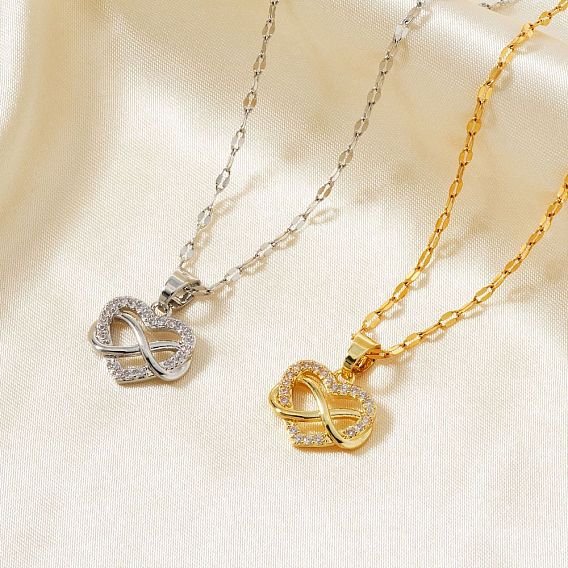 Ретро минималистичное высококачественное ожерелье с подвеской в виде сердца из латуни с микропаве из прозрачных кубических цирконий и знаком бесконечности для женщин