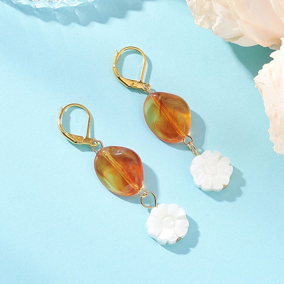 Серьги-гвоздики с цветочной ракушкой и акриловым креплением, с  латунными крючками для серег