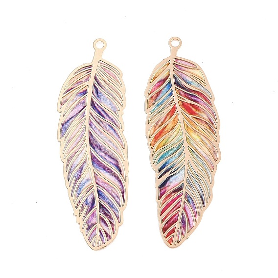 Spray Painted Brass Pendants, Feather Shape Charms, Light Gold