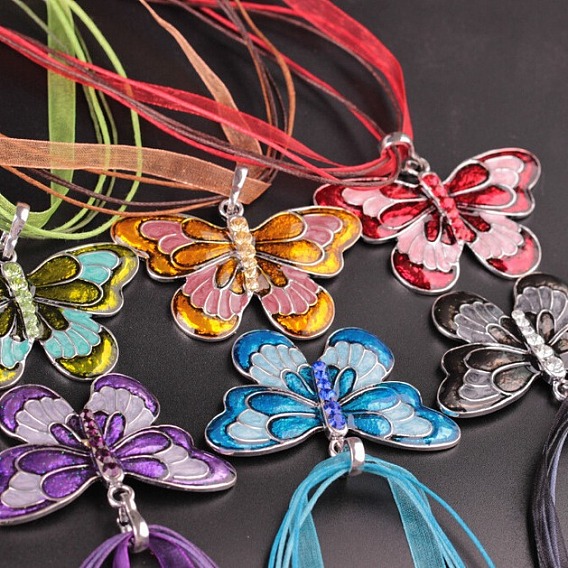 Ожерелья из вощеного шнура с подвеской в виде бабочки из сплава эмали и страз для женщин, платина