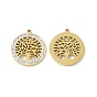 Vacuum Plating 201 Stainless Steel Rhinestone Pendants, Flat Round with Tree of Life Pattern Charms