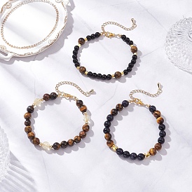 3Pcs Round Natural Tiger Eye & Citrine & Synthetic Blue Goldstone & Glass Pearl Beaded Bracelets for Women