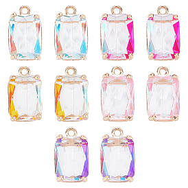 10Pcs 5 Colors Transparent Glass Pendants, for DIY Jewelry Making, with Brass Findings, Faceted, Rectangle, AB Color Plated, Light Gold