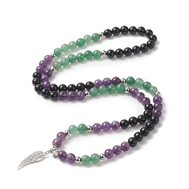 Alloy Wing Pendant Necklace, Natural Mixd Gemstone Round Beaded Chains Necklace for Women