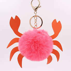 Fashion marine animal crab fur ball key chain pu leather cartoon crab shape key chain bag pendant