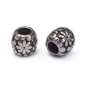 304 Stainless Steel European Beads, Large Hole Beads, Barrel with Flower