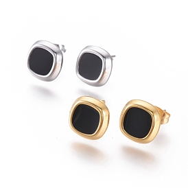 304 Stainless Steel Stud Earrings, with Enamel and Ear Nuts, Rhombus, Black