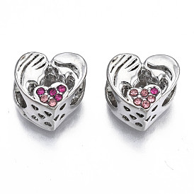 Crémaillère en alliage de placage perles européennes, Perles avec un grand trou   , à la rose strass, sans cadmium et sans nickel et sans plomb, cœur