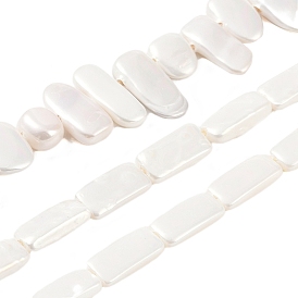 Electroplated Shell Pearl Beads Strands, White, Nuggets/Rectangle