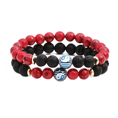 Yin Yang Lava Stone Bracelet with Red Agate Beads - Eight Trigrams Design