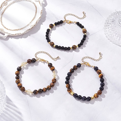 3Pcs Round Natural Tiger Eye & Citrine & Synthetic Blue Goldstone & Glass Pearl Beaded Bracelets for Women