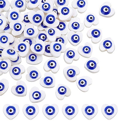 60Pcs Natural Freshwater Shell Beads, with Enamel, Heart with Evil Eye