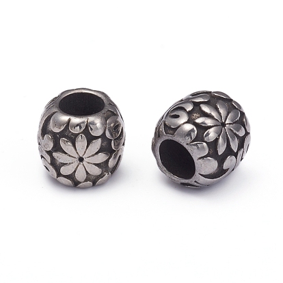 304 Stainless Steel European Beads, Large Hole Beads, Barrel with Flower