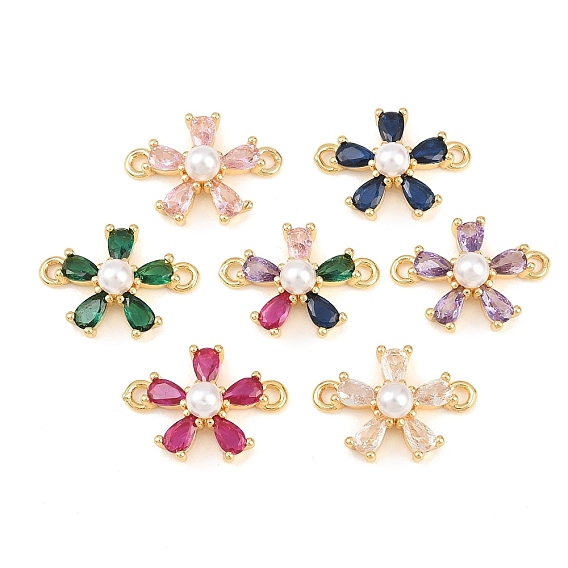 Подвески-коннекторы из латуни с микропаве из кубического циркония и пластиковыми жемчужинами, цветок, золотые