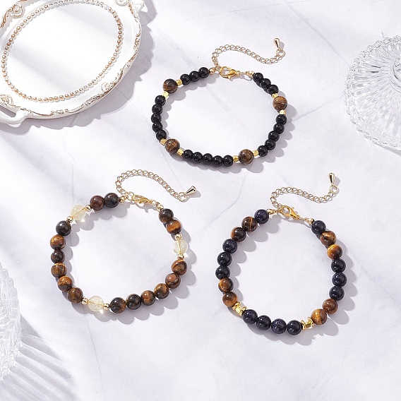 3 Bracelets en perles rondes en œil de tigre naturel, citrine, pierre d'or bleue synthétique et perles de verre pour femmes