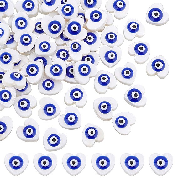 60Pcs Natural Freshwater Shell Beads, with Enamel, Heart with Evil Eye