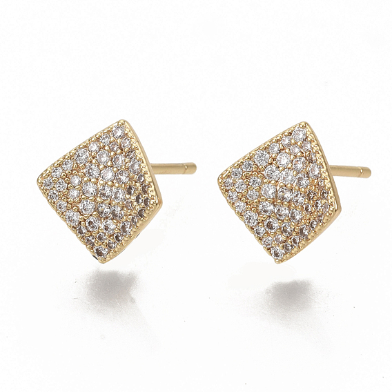 Brass Micro Pave Clear Cubic Zirconia Stud Earring Findings, with Loop, Nickel Free, Real 18K Gold Plated, Rhombus