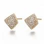 Brass Micro Pave Clear Cubic Zirconia Stud Earring Findings, with Loop, Nickel Free, Real 18K Gold Plated, Rhombus