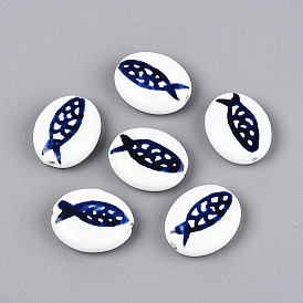 Handmade Porcelain Beads, Hand Painted Ceramic Beads, Famille Rose Porcelain, Oval & Fish