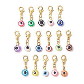 16Pcs 16 Styles Evil Eye Resin Pendant Decorations, Alloy Lobster Claw Clasps Charms for Bag Ornaments