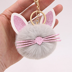 Cute Fluffy Cat Ear Keychain with Whiskers and Fur Ball for Bags, Cars & More
