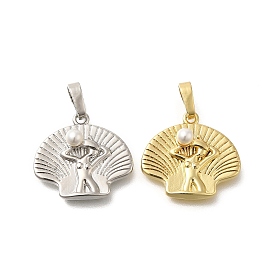 Shell Shapes Rack Plating Brass Pendants, with ABS Imitation Pearl Beads, Cadmium Free & Lead Free