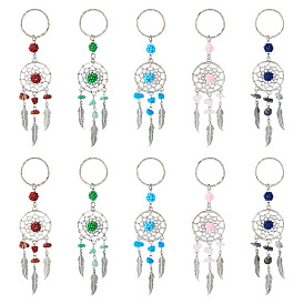 10 шт. 5 стили плетеные паутинки с перьевым сплавом и натуральными драгоценными камнями и стеклянными семенами брелоки, с железными застежками для ключей