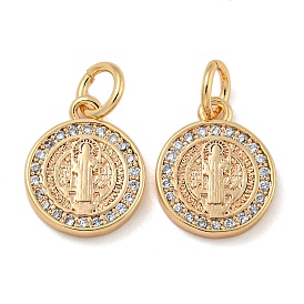 Brass Micro Pave Clear Cubic Zirconia Pendants, Round with St Benedict Religious, with Jump Rings