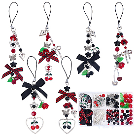 Наборы для самостоятельного изготовления ремешков для мобильных телефонов из полиэстера с вишневым рисунком, включая бант из полиэстера, латунный штифт, соединительные кольца и цепочка, акриловые, сплавные и стеклянные подвески, стеклянные, сплавные и акриловые бусины