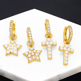 Vintage Cross Star Pearl Earrings for Women, Simple and Fashionable Jewelry